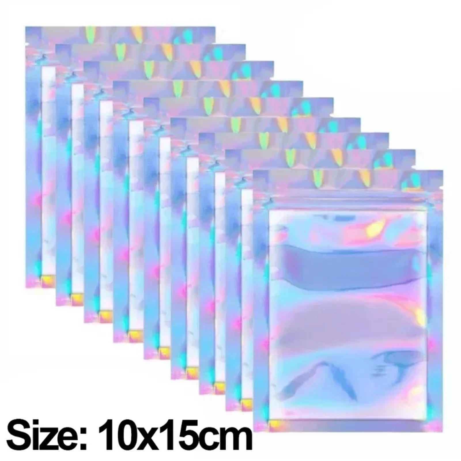 Busta autosigillante iridescente da 300 pezzi in plastica Per gioielli | Custodia trasparente olografica laser impermeabile for trucco, custodia for gioielli con cerniera(10x15cm)