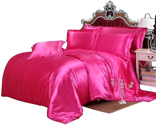 Miniatura 2 de Juego de funda de edredón de tamaño Queen, color rosa intenso con cierre de cremallera, satén sedoso ultra suave de 4 piezas (1 funda de edredón + 1