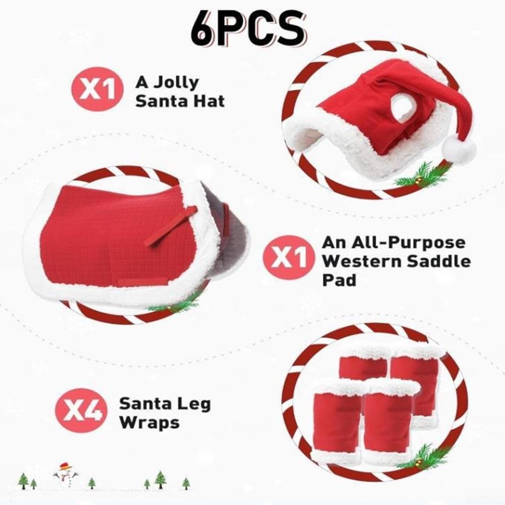 6-teiliges Weihnachtspferd-Outfit, rotes Sattelkissen, Weihnachtsmannmütze, Beinstulpen, verstellbar, Fleece, Reitsport, Festival, Verkleidungsset, Pferdemütze, Kostümzubehör für Pferde