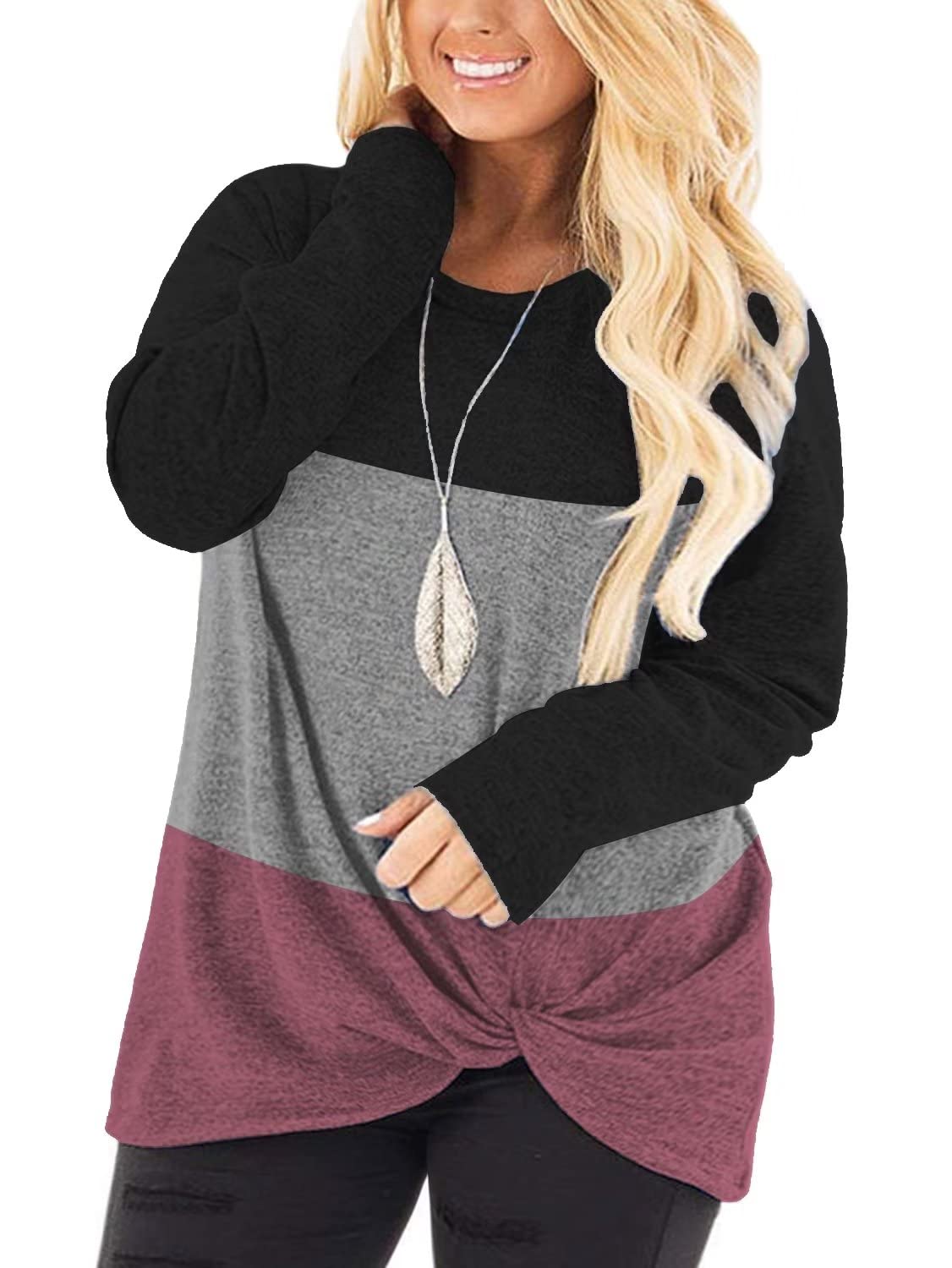 DOLNINE Womens Plus Size Knotted Tops Long Sleeve Tee Shirts Loose Casual Blouse