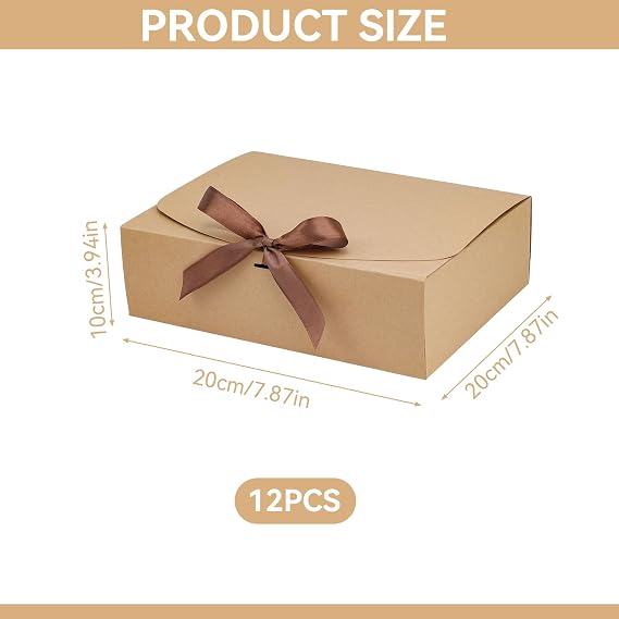 Kraft Gift Boxes for Presents, 12Pcs Kraft Paper Gift Boxes with Lid & Ribbon, 20x20x10cm Gift Box with Lids for Wedding Birthday Festival Party Present Packaging