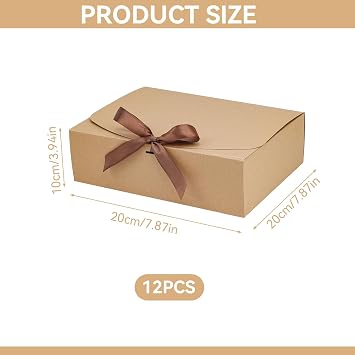 Kraft Gift Boxes for Presents, 12Pcs Kraft Paper Gift Boxes with Lid & Ribbon, 20x20x10cm Gift Box with Lids for Wedding Birthday Festival Party Present Packaging