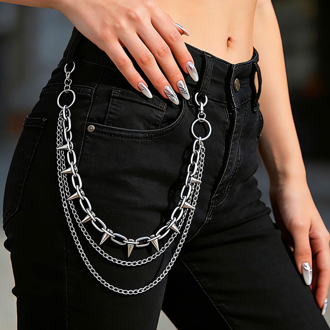 Woeoe Hip Hop Spike Pants Chain - Goth Jean Rivet Punk Pocket Accessory for Women