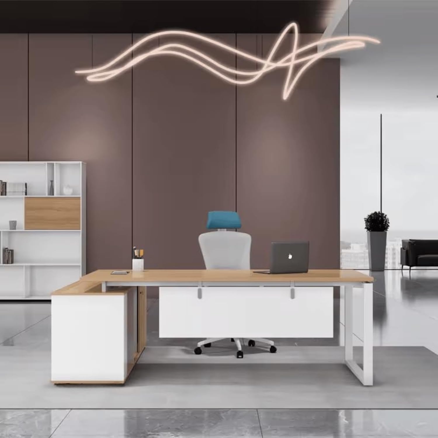 TEKAVO Prestige Pivot L Shaped Executive Table for Office with Storage |MD, CEO, Manager, Director Office Table I Brown & White Wood, Metal (220 Cm x 180 Cm x 75 Cm) - DIY