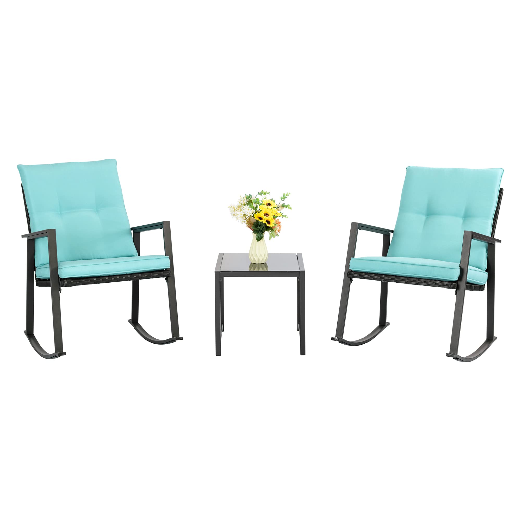Shintenchi Outdoor 3 Piece Rocking Bistro Set, Wicker Patio Outdoor Furniture Porch Chairs Conversation Sets with Glass-Top Coffee Table for Backyard Porch Poolside Lawn, Garden,Blue