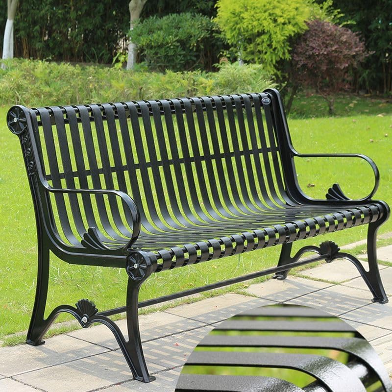 CraftThink Outdoor Garden Bench, Weatherproof Patio Lawn Bench Porch Seat, Aluminum, Coat Distressing for Porch/Deck/Patio (Black, 47" L x 26" W x 32.5" H)