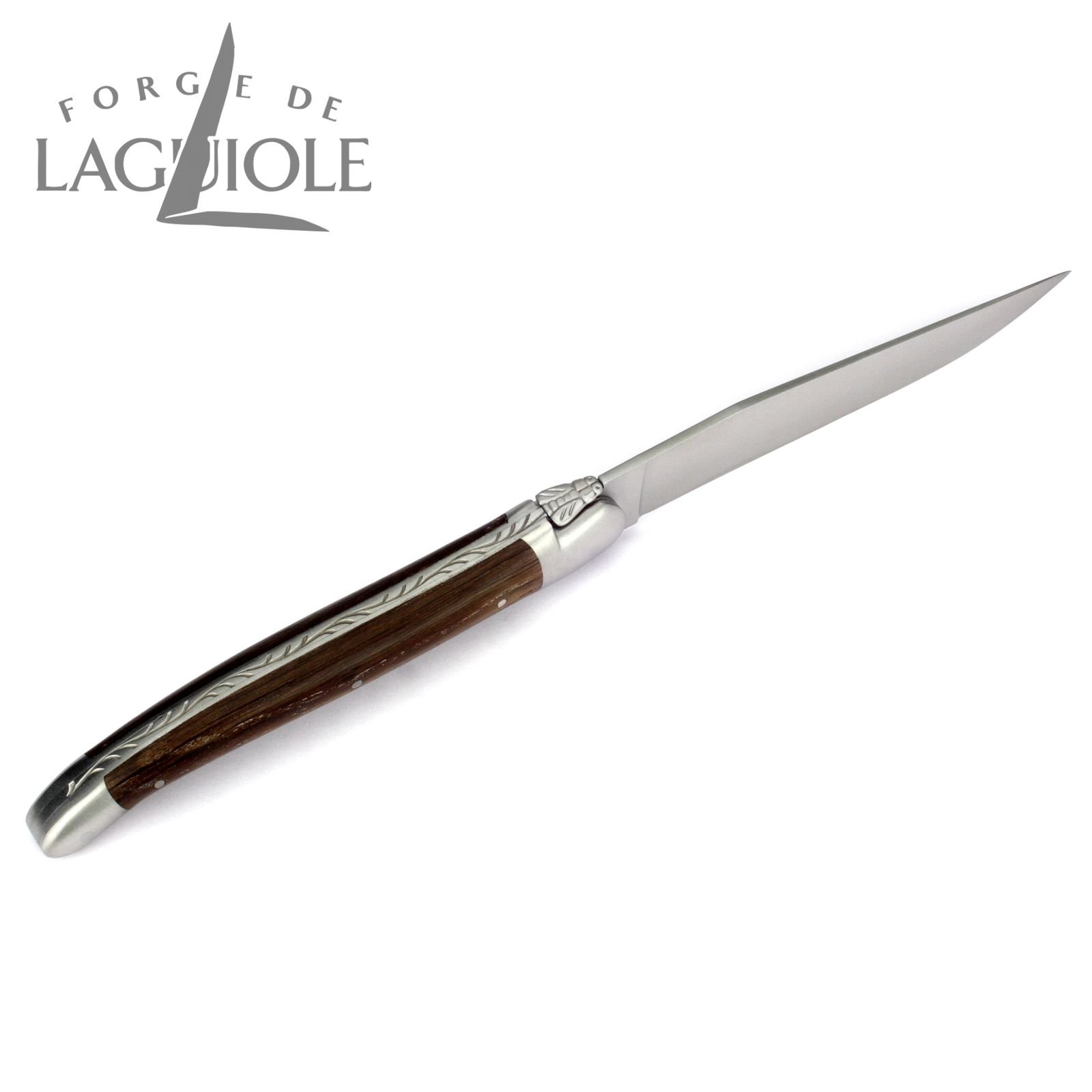 Forge de Laguiole - Steakmesser und Gabel je 1x im Set - Griff fossile Mooreiche - Steakbesteck Frankreich - Stahl satiniert