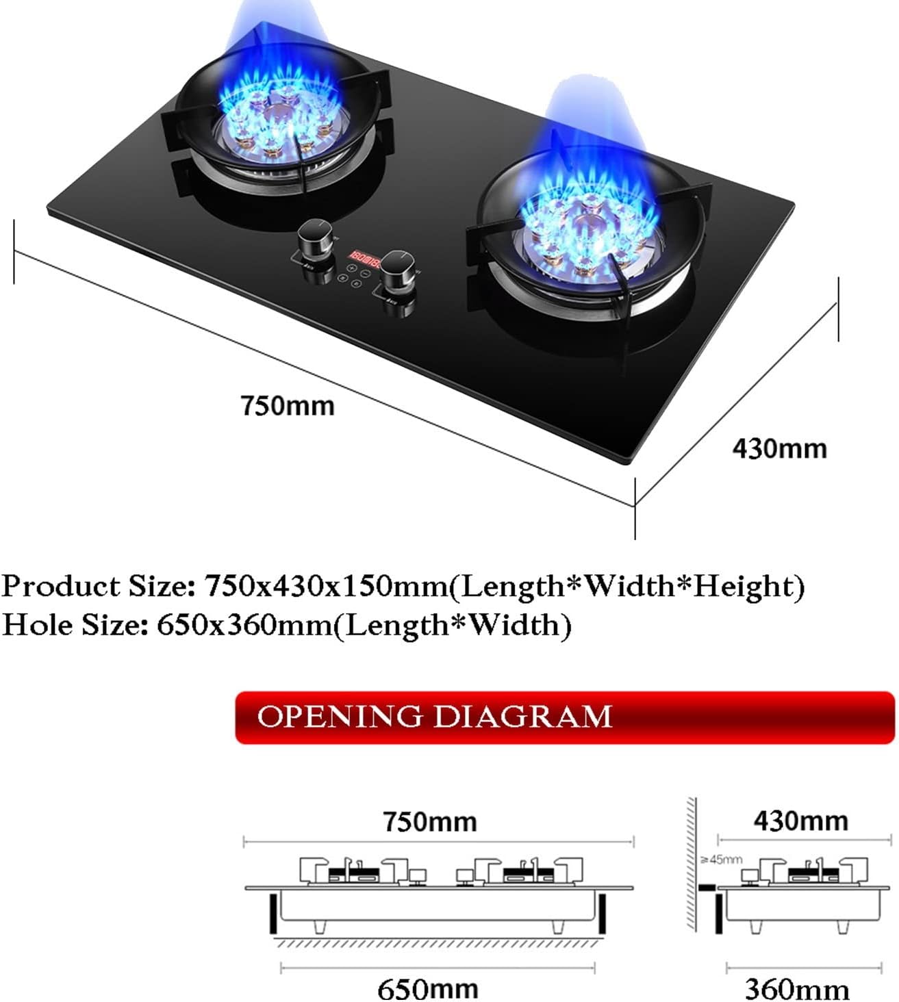 Countertop/Built-in Gas Cooktop,17742 BTU Tempered Glass Gas Cooktop 2 Burners,Flameout Protection,Suitable for Apartments,Indoor(LPG)(NG) (Size : LPG)