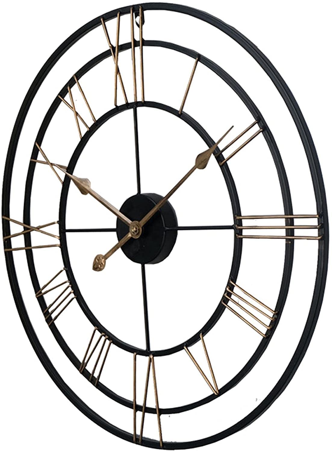 XJBTBA Vintage duży zegar ścienny 60 cm okrągły metalowy cichy, nie tykający na baterie czarne cyfry rzymskie zegary do domu, biura, wnętrz i na zewnątrz wystrój ogrodu srebrny