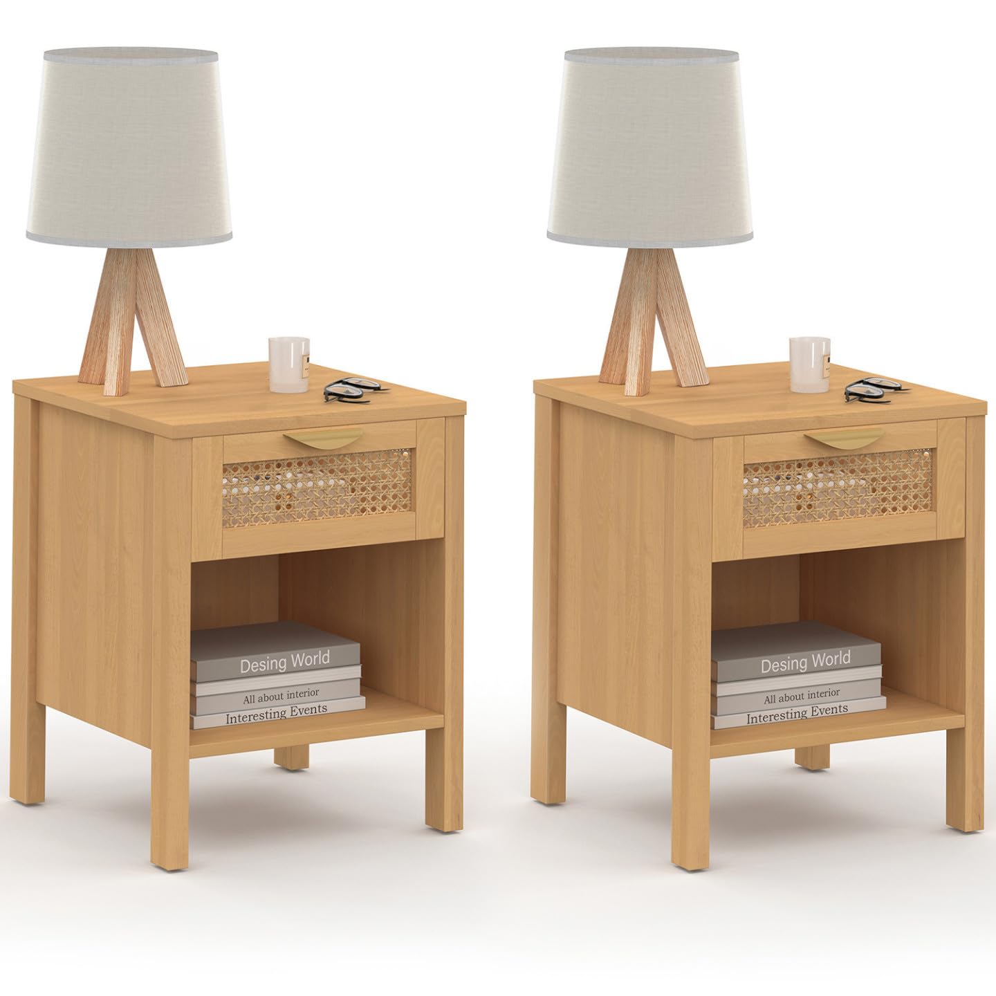IDMarket - Lot de 2 Tables de Chevet EDHEN 1 tiroir avec Niche cannage et Bois