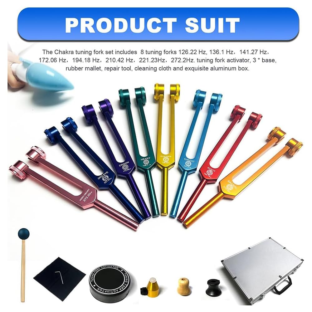 Diapason Therapeutique,Set de 8 diapasons avec base + 1 marteaux en silicone et chiffon de nettoyage, idéal pour la thérapie, pour la thérapie des chakras,la ThéRapie par le Son, le Soulagement Stress