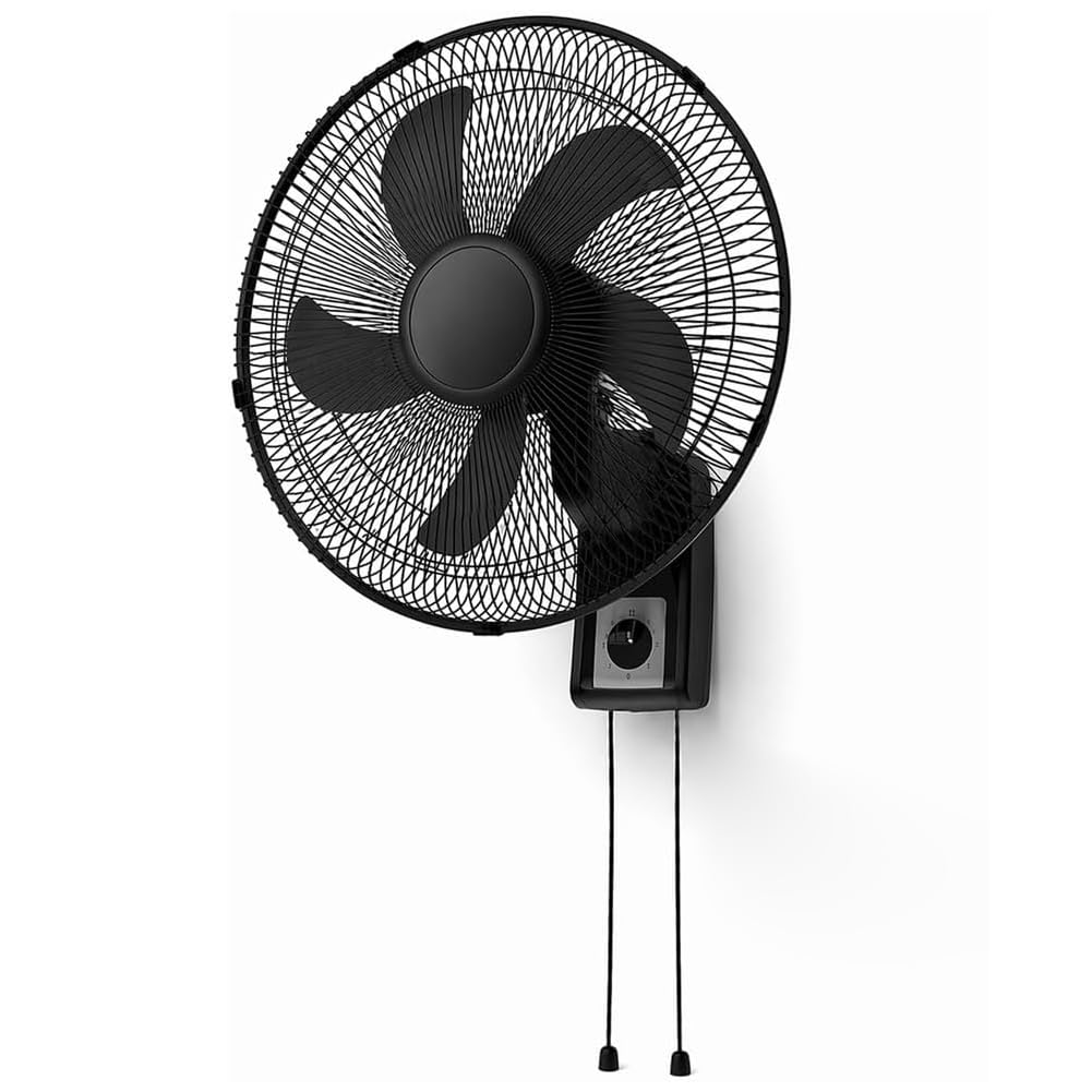 BAKAJI Wandventilator mit Gitter von 43 cm, 3 wählbare Geschwindigkeitsstufen, 5 Flügel, 65 Watt Leistung mit automatischer seitlicher Oszillation, schwarz