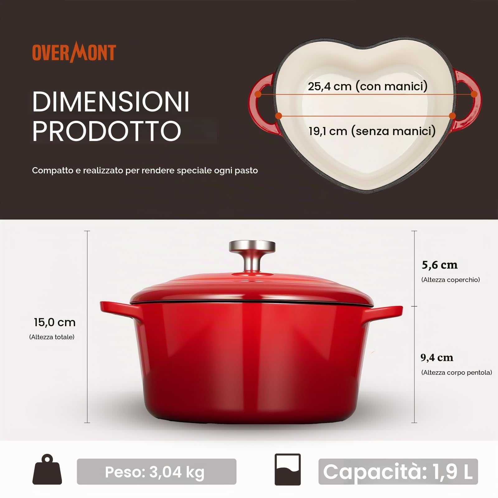 Overmont Pentola in Ghisa Smaltata a Forma di Cuore - 1.89L Casseruola con Coperchio e Libro di Ricette - Per Cucina, Forno, Stufare e Arrostire - Regalo Matrimonio e Festività - Rosso