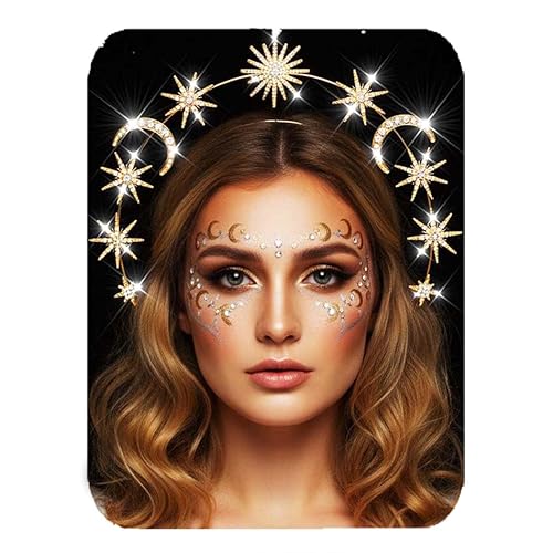Miniatura 1 de Fashey Corona de estrella con halo de estrella dorada, diadema de diamantes de imitación de luna, accesorios para el cabello de boda para mujeres
