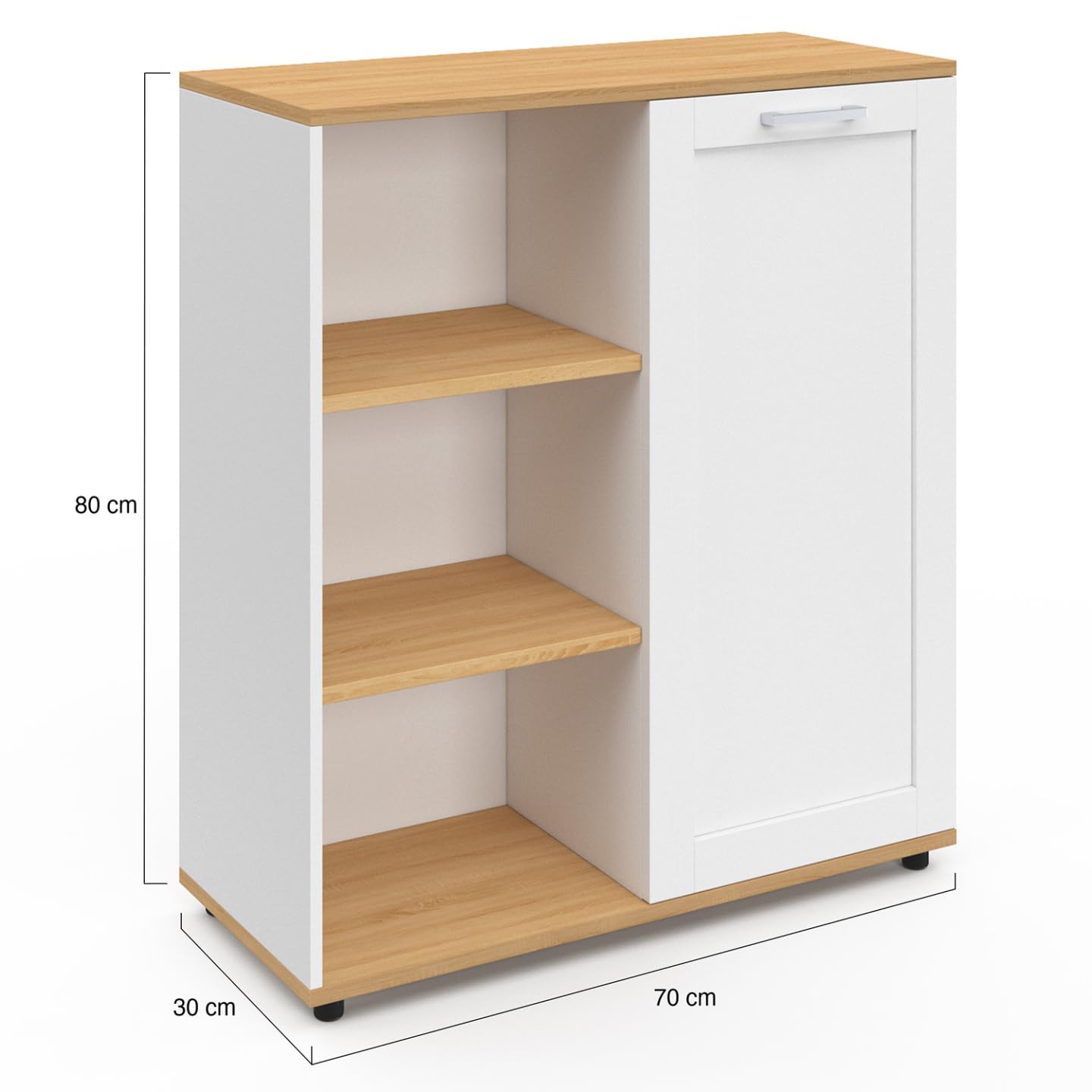 IDMarket - Buffet d'appoint 70 cm VITO 3 étagères et Placard Blanc et Plateau Bois