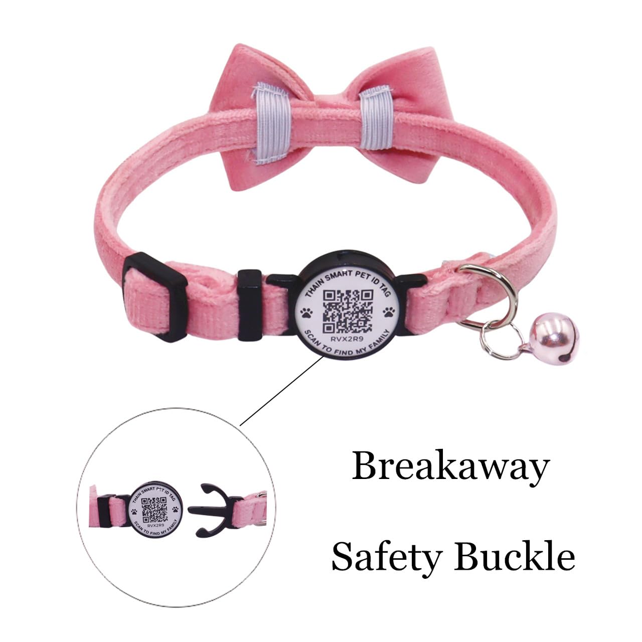 THAIN Personalised Cat Collar with bell and Bowtie Breakaway QR Code Name Smart ID tag quick release soft comfortable collar for cats and kittens (Pink) - Image 4