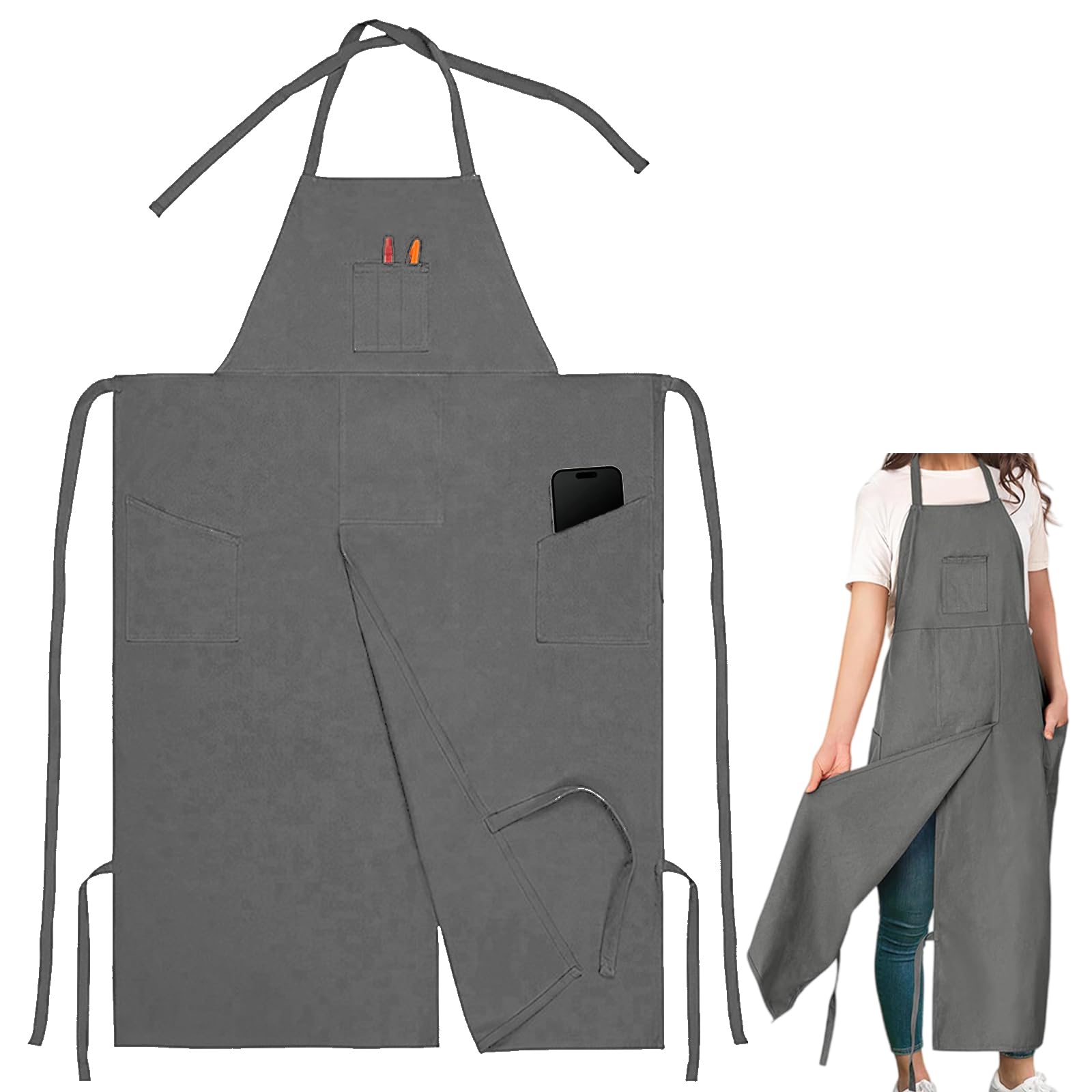 Nidoul Split Leg Ceramics Apron,Heavy Duty Canvas Pottery Apron with 3 Portable Pocket,Adjustable Waterproof Art Smock Full Coverage Aprons for Women Men DIY Ceramic Gardening Painting Sculpture,Grey — image 1
