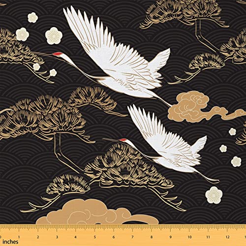 Tissu de grue au mètre Ukiyeo de style japonais pour tissus d'ameublement et projets de bricolage, motifs géométriques de nuages dorés, carrés de tissu...