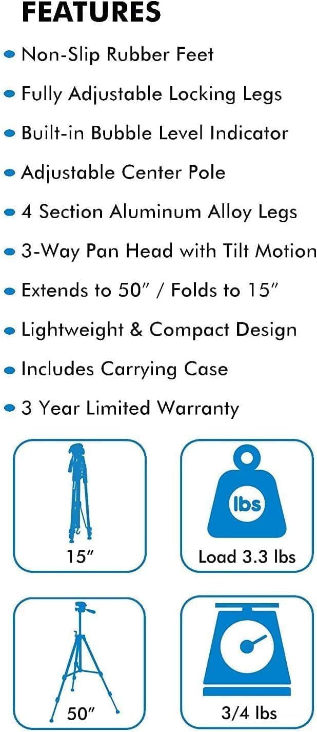 BEPRO PT-50 50-Inch Aluminum Tripod With Pan/Tilt Head For Nikon & Canon DSLR Cameras