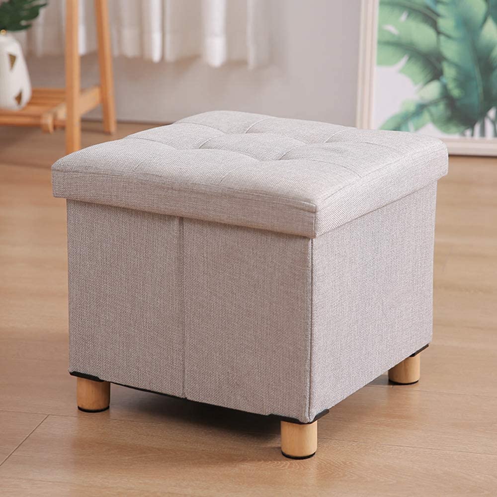Pouf coffre en bois massif et tissu lin haute résilience finition haut de gamme