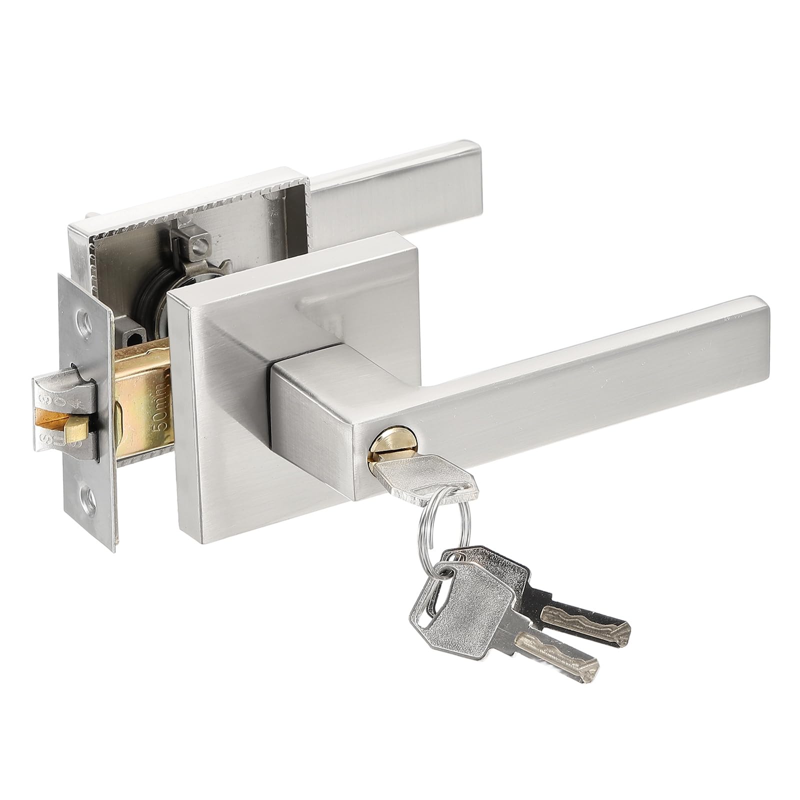 sourcing map Lever Door Lock with Key, Stainless Steel Entry Door Handle with Lock Square Lever Handle Set Fits 1-3/8" to 1-7/9" Door Thickness for Bedroom Bathroom, Silver