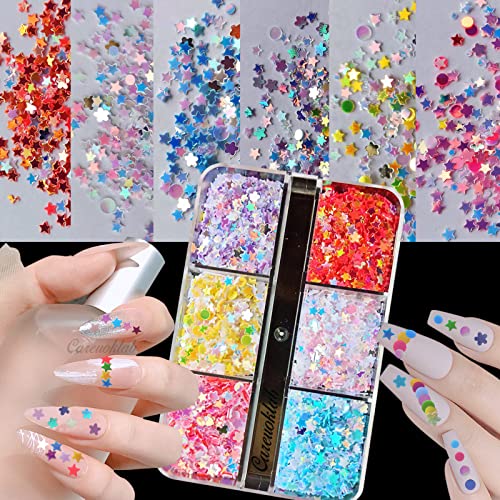 Careuoklab 4 Boxes Nail Art Glitter Sequins, 3D Flower Mixed Shapes And Iridescent Holographic Glitter Flakes Snowflake Hearts Star Diy Manicure Nail Art Decoration Sets, Craft, Makeup #TOP3