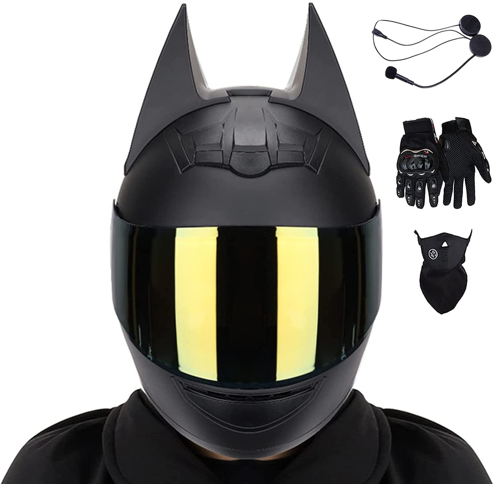 Motorcycle Bat Ear Helmet with Bluetooth Headset Full-Face Motorbike Helmet ECE Certification Scooter Cruiser Moped Helmet for Men and Women Removable