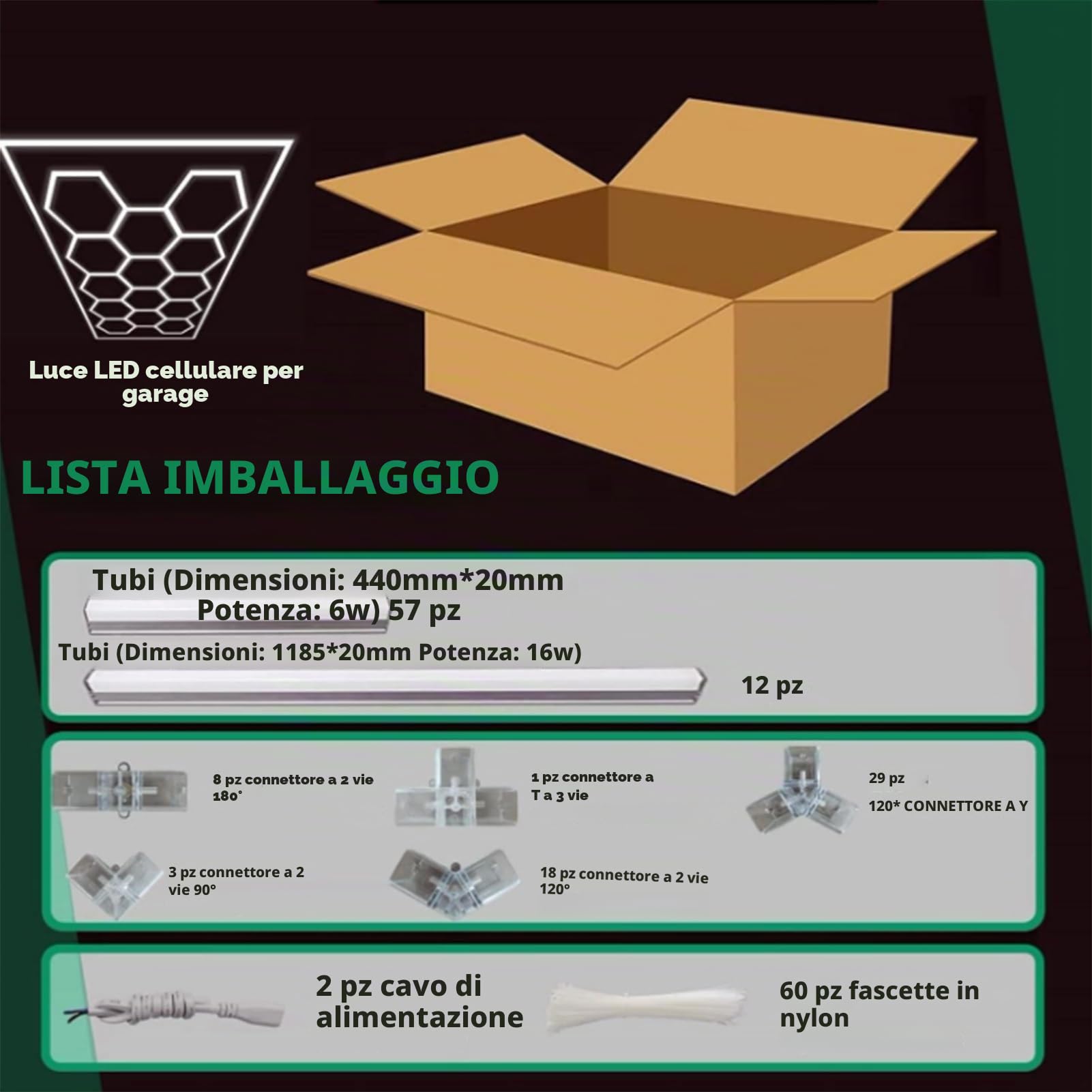 Hexagonal LED light, 672 W, 6500 K, esagonale, deformabile, for officina, garage, magazzino, cantina, palestra(14 trous)