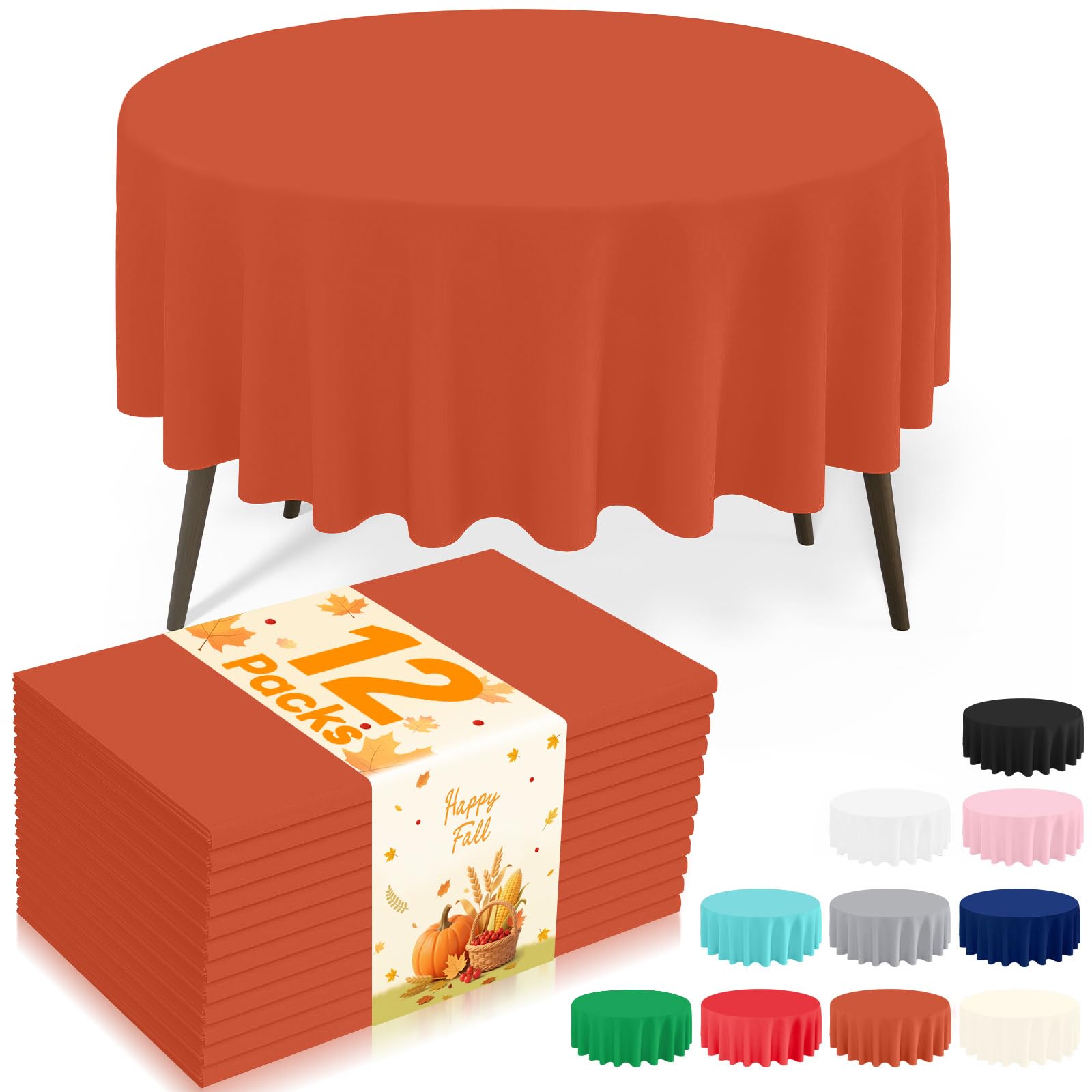 misaya 12 Packs Disposable Plastic Table Cloth, 84" Round Waterproof Tablecloth, Leakproof &amp; Sturdy Decorative Table Covers for Picnic, Party, Outdoor and Fall, Rust