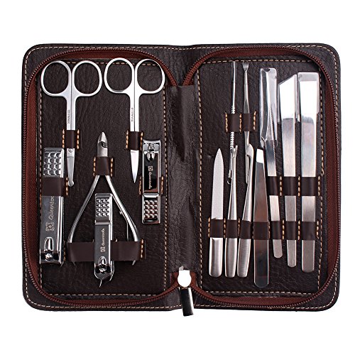 Queentools Stainless Steel Nail Manicure Set of 15 Nail Kit Pedicure Tools with a Brown PU Leather Case
