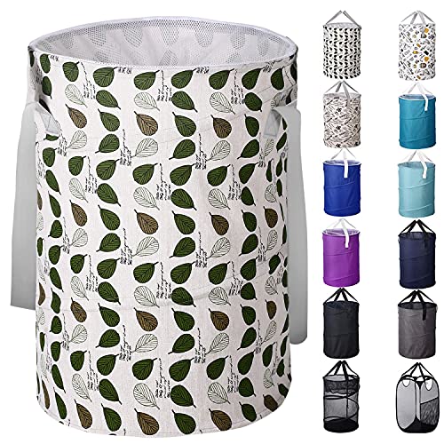 Image of BAGAIL 85L Pop Up Laundry Hamper Bucket Cylindric, Foldable Clothes Bag, Folding Washing Bin,Large Capacity Collapsible Drawstring Closure Cotton Linen Laundry Storage Basket with Handles(Leaf)