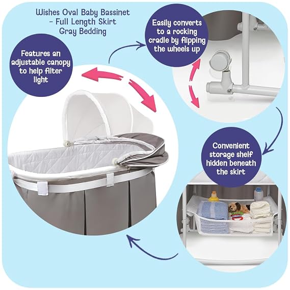 Badger Basket Wishes Rocking Baby Bassinet Heirloom Quality Bedside Sleeper with Bedding, Pad, and Storage Basket - Gray