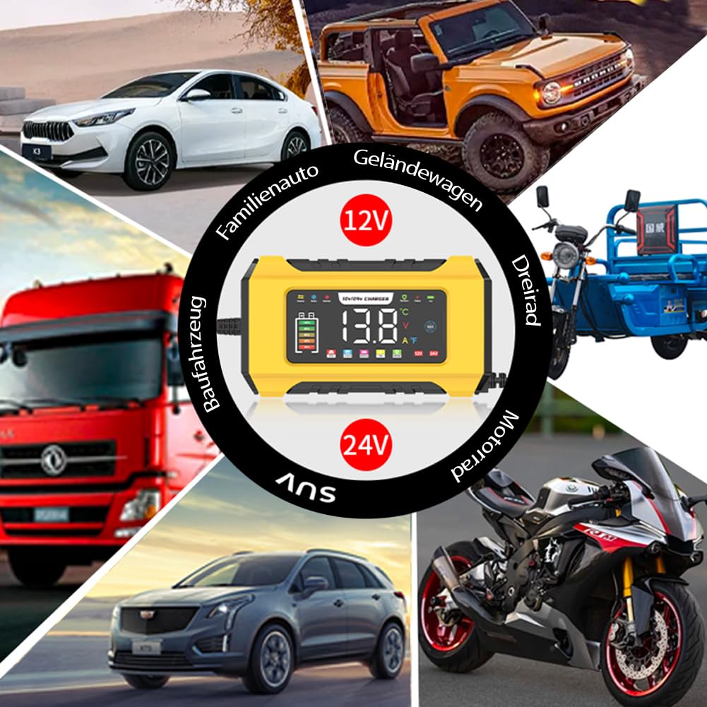 15A Autobatterie Ladegerät, 12V 24V Batterie Ladegerät 9-stufiges Intelligentes Ladegerat Autobatteri mit LCD-Bildschirm für Auto, AGM, Gel Blei-Säure-Batterien und LiFePO4-Batterien
