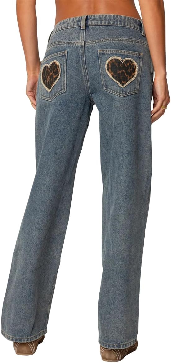 Women's High Waisted Stretchy Jeans Baggy Heart Pattern Distressed Wide Leg Straight Denim Pants