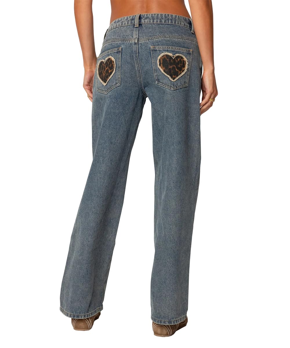 Women's High Waisted Stretchy Jeans Baggy Heart Pattern Distressed Wide Leg Straight Denim Pants