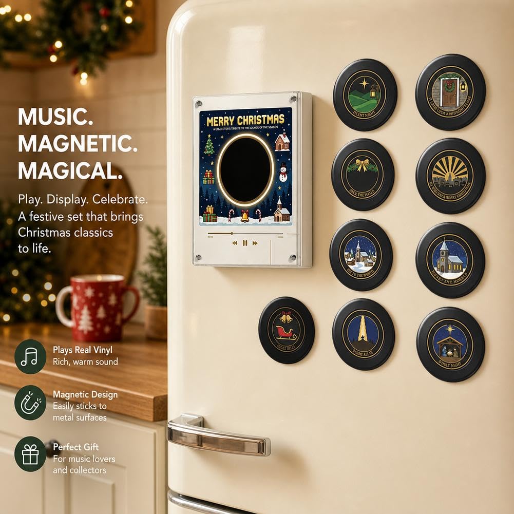 Lecteur vinyle de Noël pour réfrigérateur NFC Boîte à musique magnétique Mini Jingle Aimants Réfrigérateur Stockage personnalisé Rétro avec 9 PCS Lecture Programmable Esthétique Bureau Deco