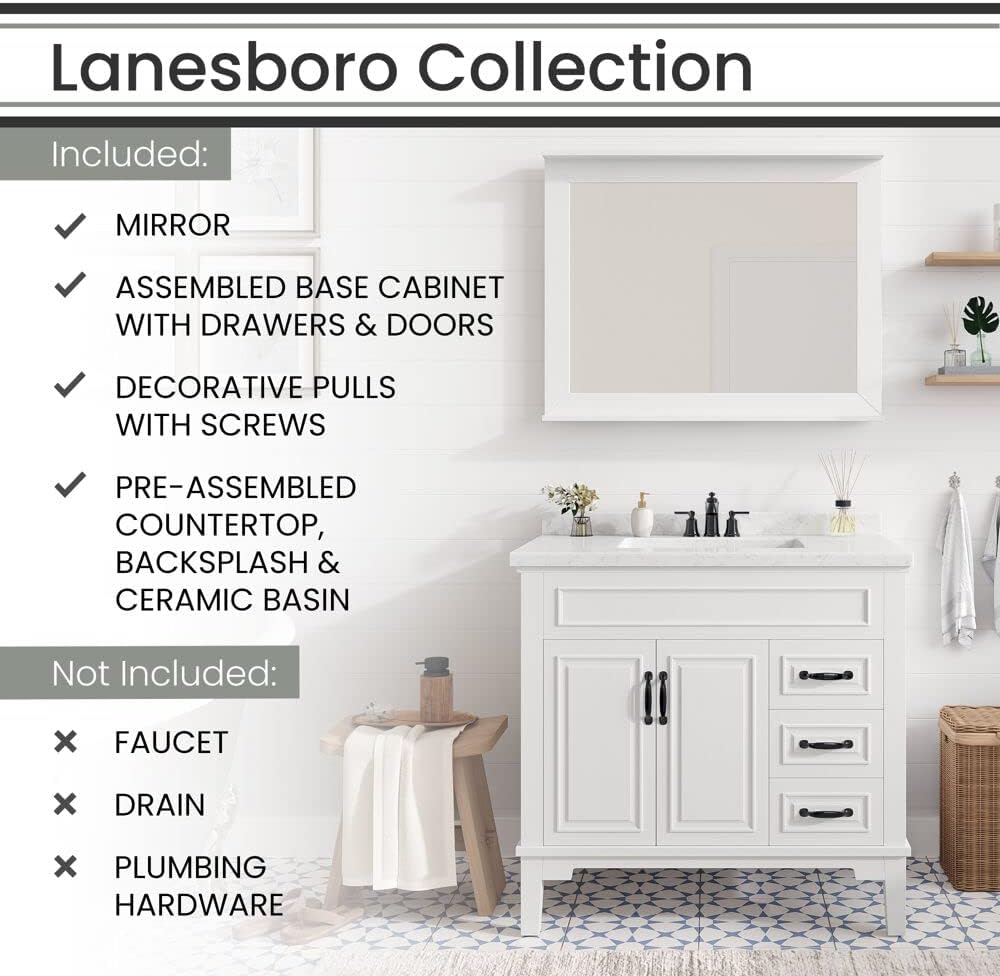 Hanover Lanesboro 36'' Vanity Cabinet with Sink Combo for Bathroom, Powder Room | Pre-Assembled Cabinet | 2 Doors, 3 Drawers | Artificial Stone Countertop, White Cabinet