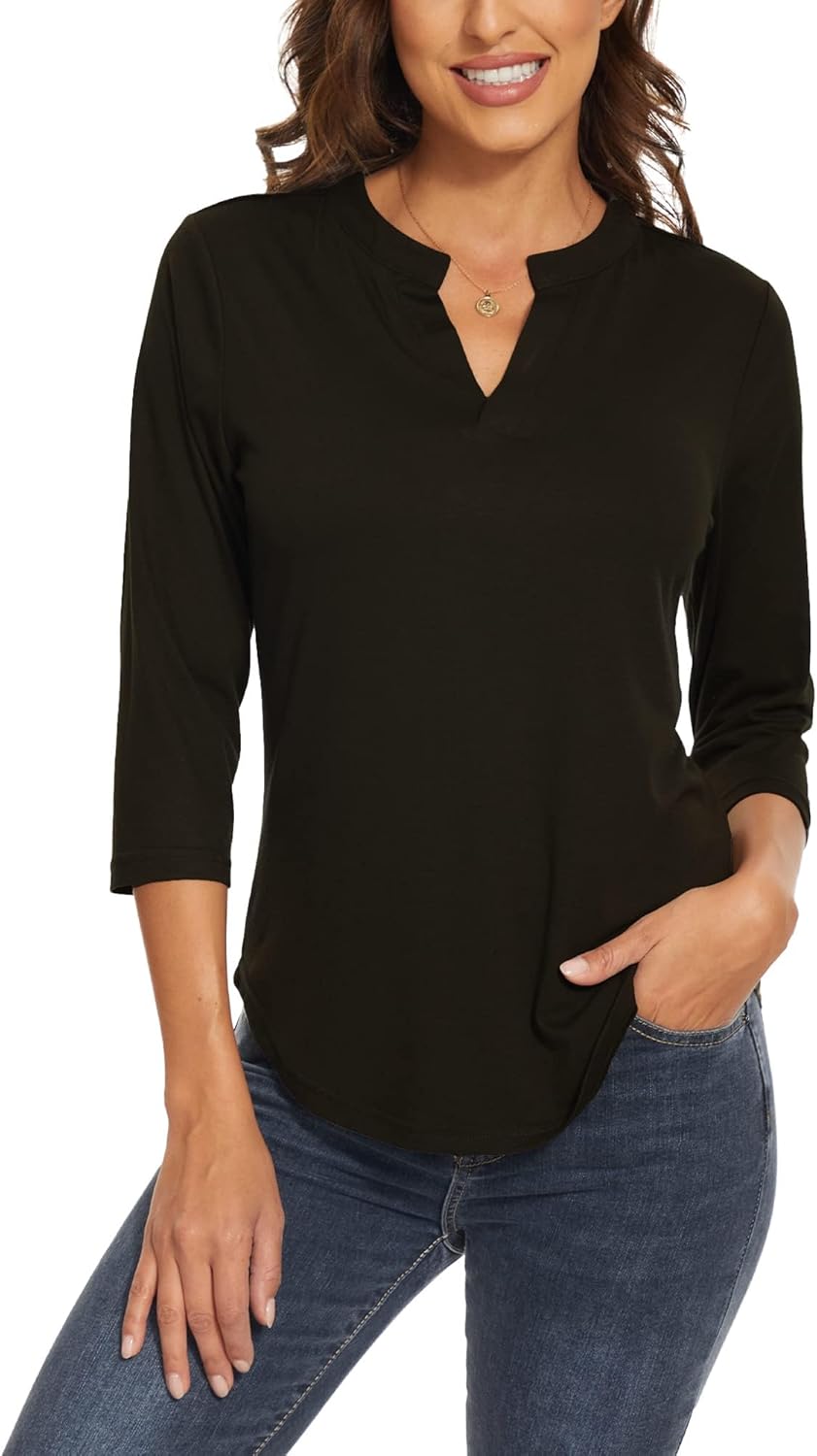 Women's 3/4 Sleeve Tunic Tops Casual Notch V Neck T-Shirts Dressy Work Tops Blouse