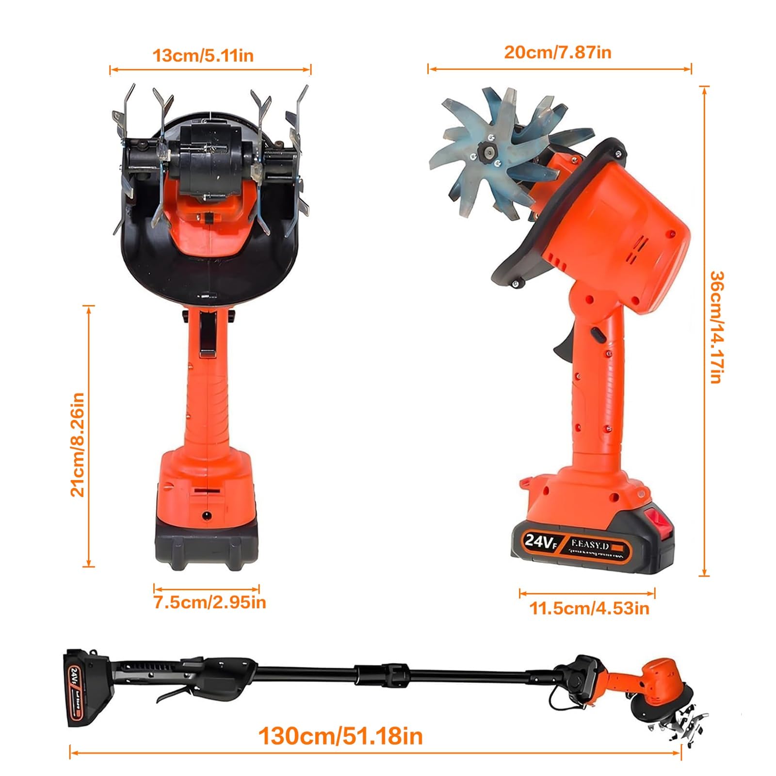 Labrador eléctrico inalámbrico para jardín con poste de extensión y dientes de acero, 10 cm de ancho y profundidad, ideal para labrar y sembrar semillas