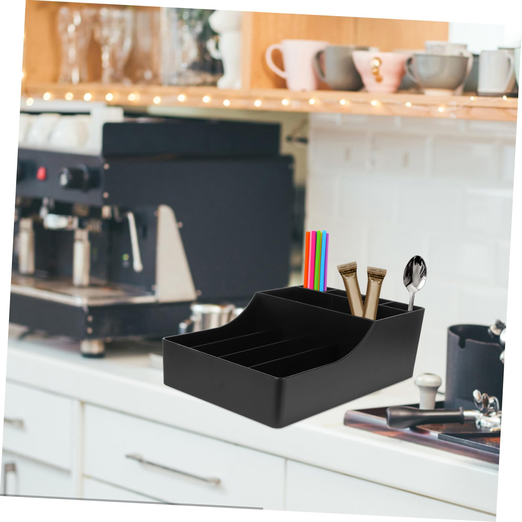 NOLITOY Serviettenhalter für Kaffeezubehör Kaffeebecherhalter mit Fächeraufteilung Servierhalter für Kaffeestation Aufbewahrungsbox für Strohhalme und Zuckerbeutel