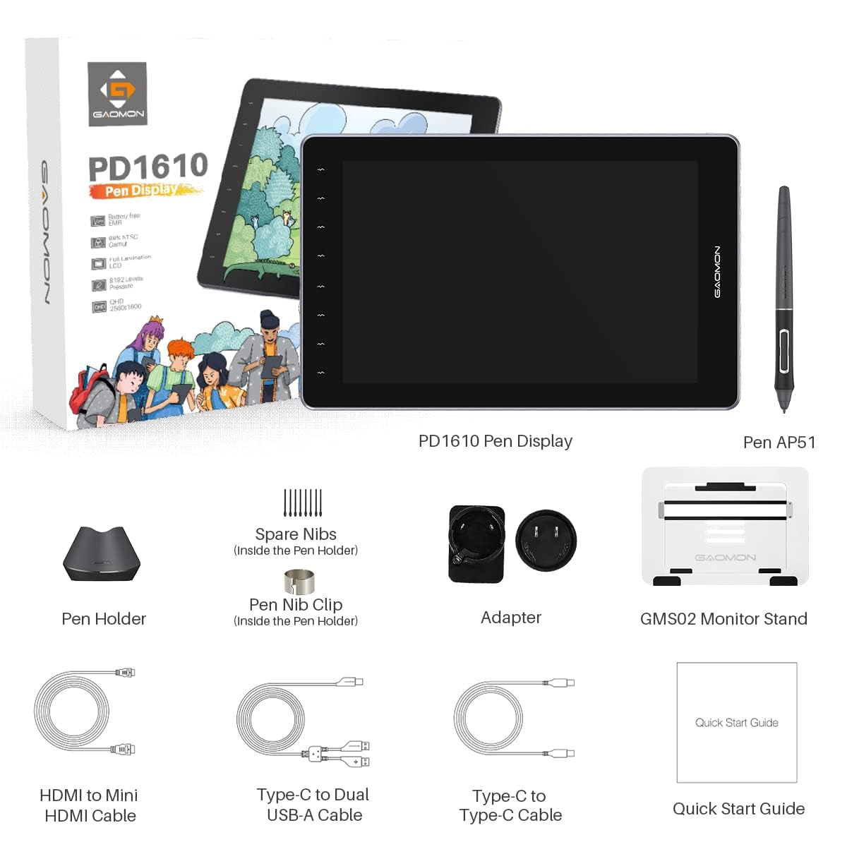 GAOMON Tavoletta grafica PD1610 supporta Windows 7.0 /macOS10.12/Android 6.0（USB3.0 DP1.2）o versioni successive. Può funzionare con la maggior parte dei software grafici come Adobe Photoshop