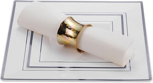 Miniatura 6 de Juego de platos desechables dorados para 50 invitados, juego de vajilla de plástico plateado de 350 piezas, 100 platos de plástico cuadrados con