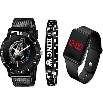 Goldenize fashion Avenger Printed Analogue with King Bracelet and Square Digital Dial LED Display Watch for Mens & Boys Combo 3X Watches