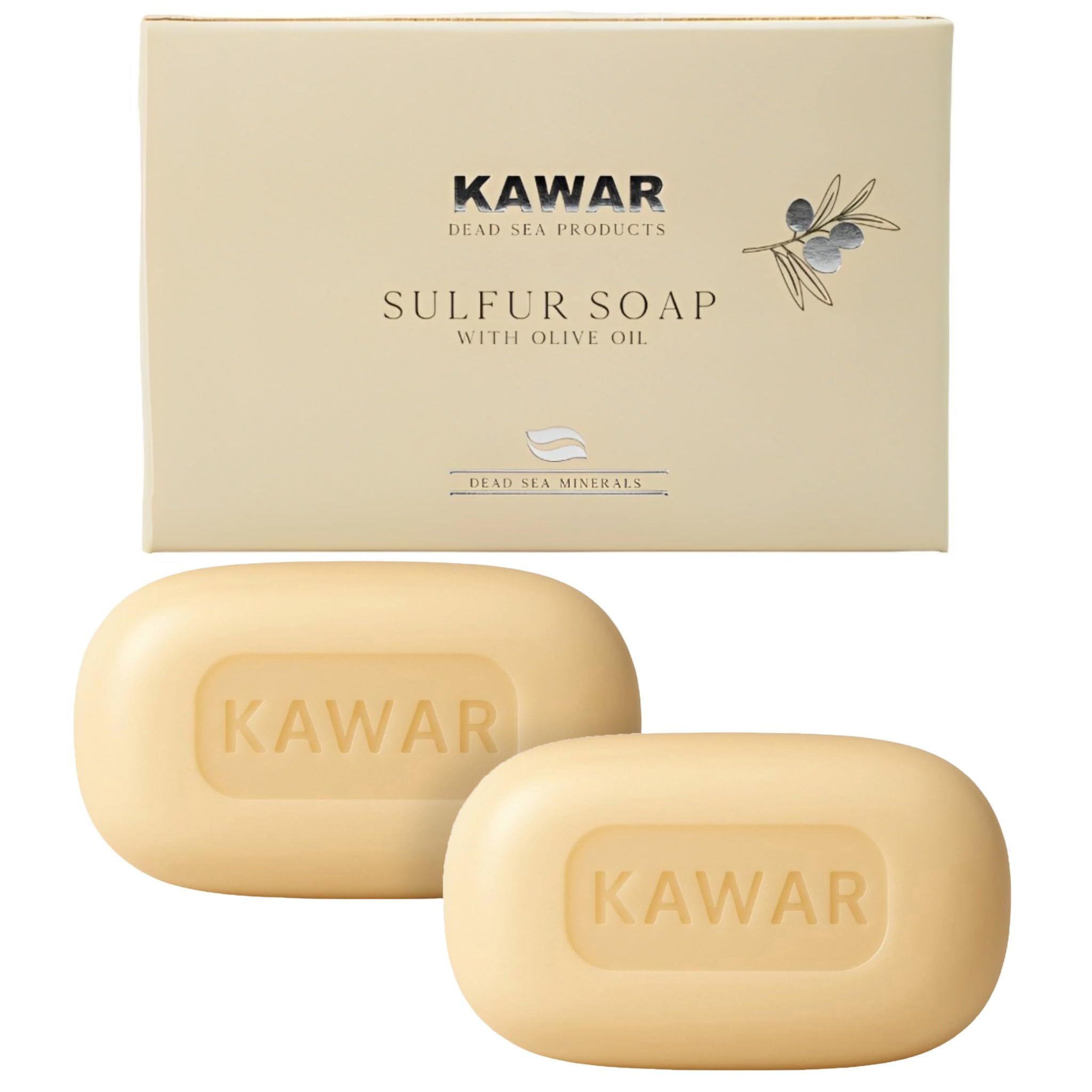 KAWAR Dead Sea Sulfur Soap with Olive Oil, Relief Skin Conditions Such as Acne, Psoriasis, Eczema & Blackheads, for Oily to Normal Skin, Vegan Soap Bar for Men & Women, 4.2 oz (Pack of 2)