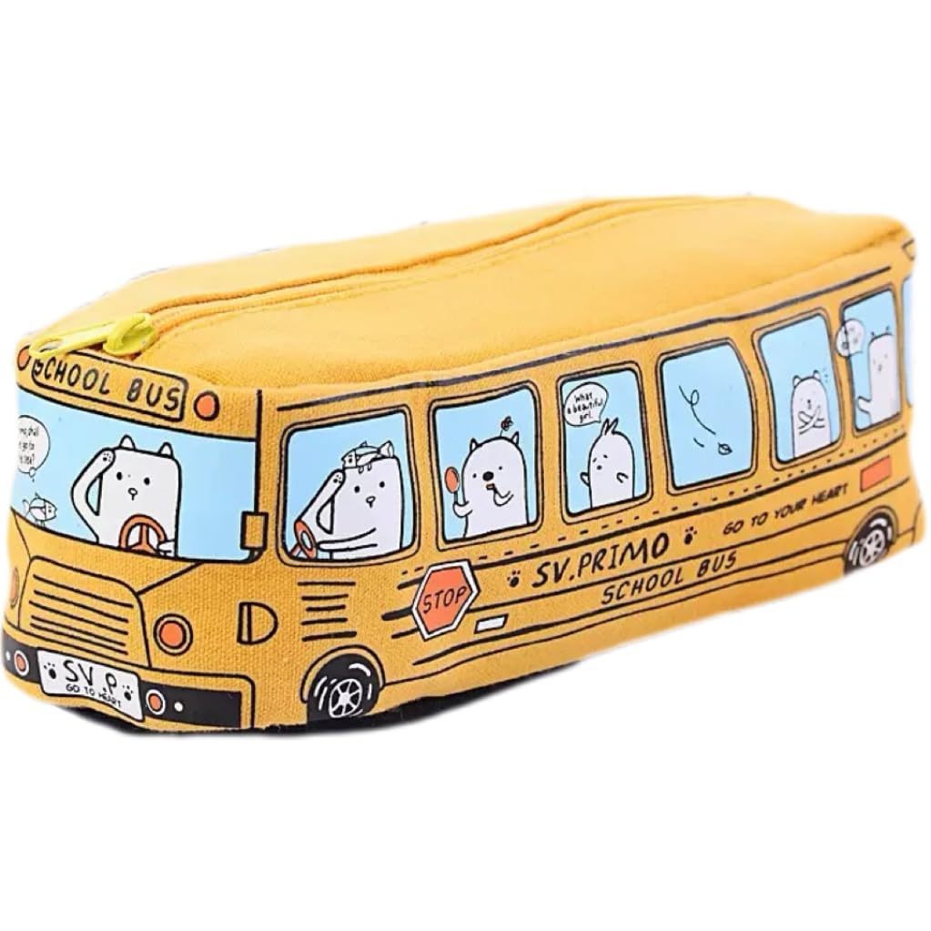 x trade Cartoon Bus Shaped Pencil Case Canvas Pen Pouches Pencil Bag Zippered Big Capacity Pen Case Stationeries Organiser for Kid and Student (Yellow Bus)