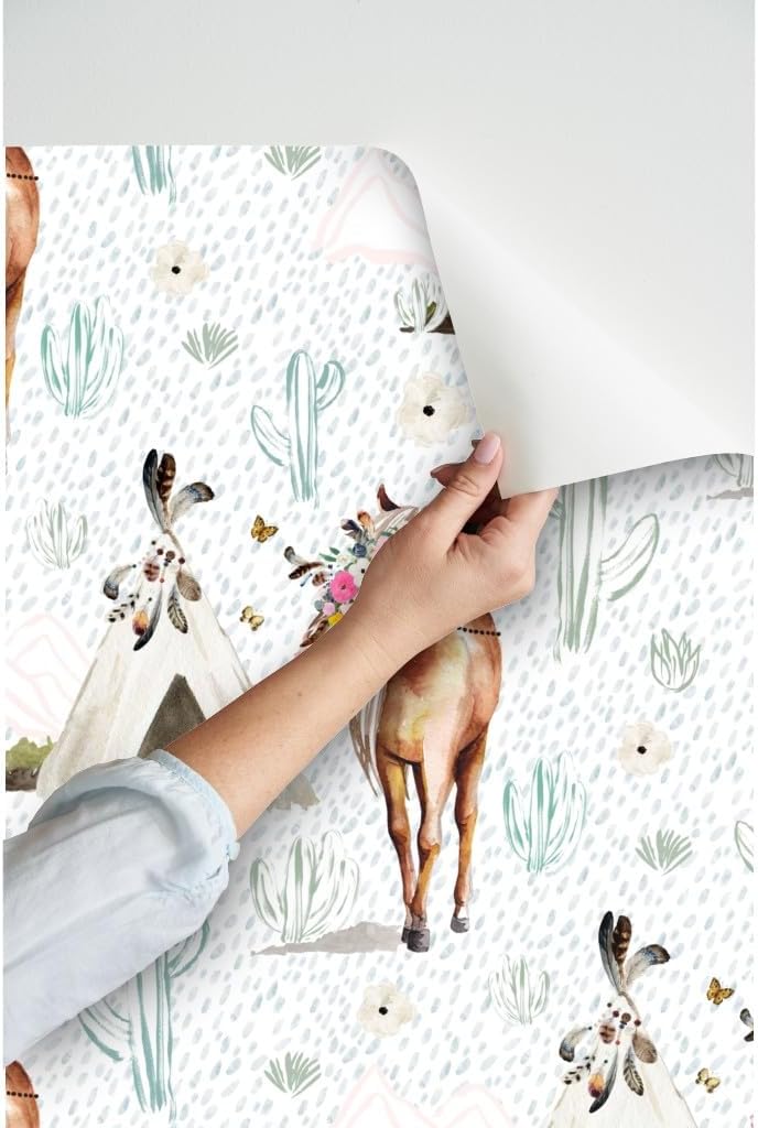Peel & Stick Wallpaper 3ft x 2ft - Spring Boho Floral Horse Rain Feathers Western Palomino Custom Removable Wallpaper by Spoonflower