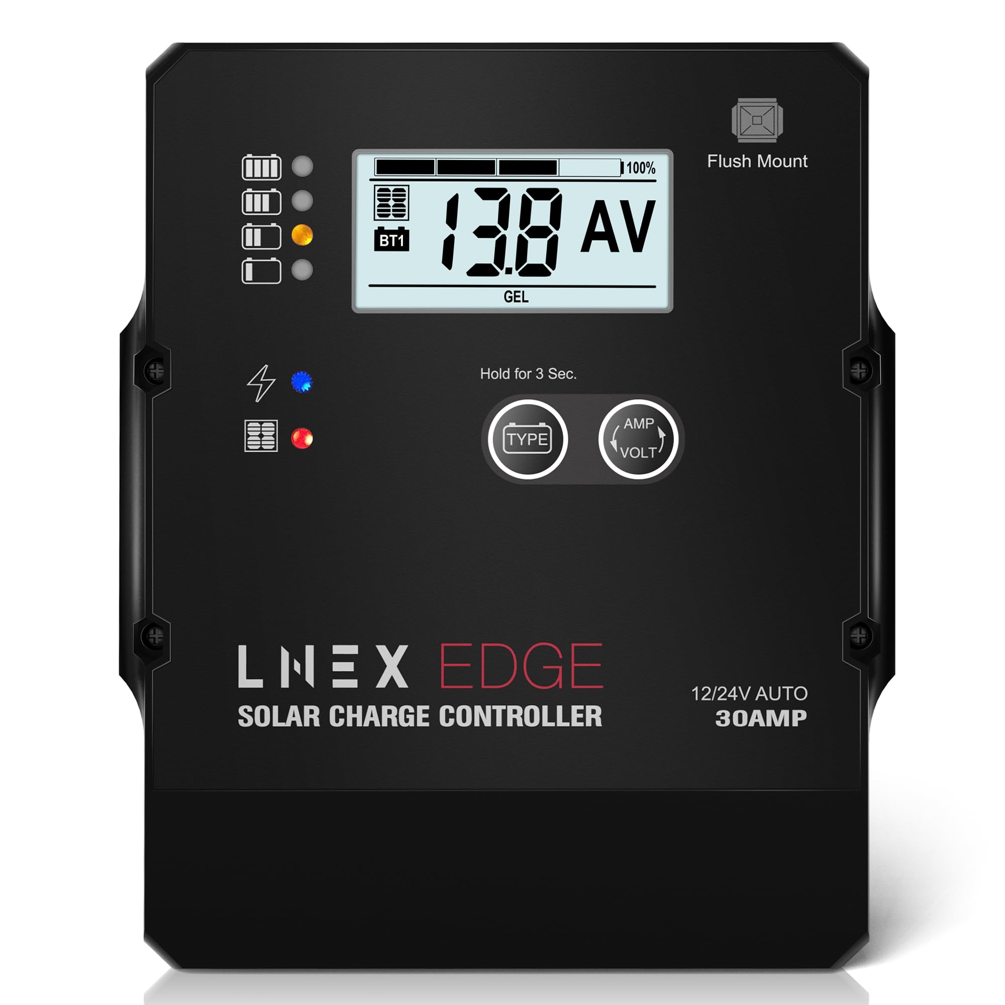 LNEX Solar Charge Controller with Flush Mount Design, 6 Stage Charging with LCD Display 12V/24V Auto PWM Controller 30A for LiFePO4, AGM, Gel, Flooded and Lithium Battery-image-29
