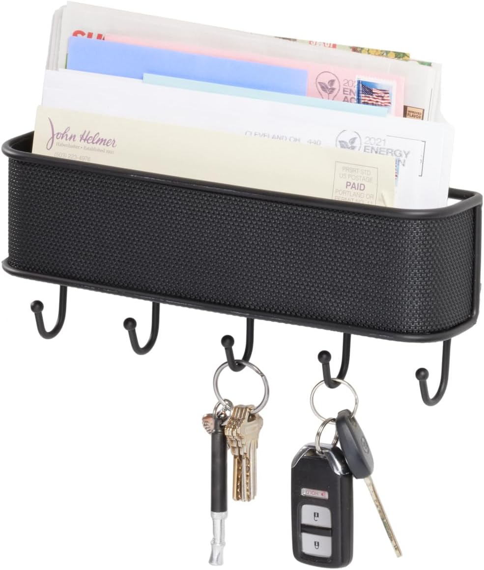 Idesign Wall Mounted Letter Rack, Plastic And Metal Key Holder With 5 Hooks, Elegant Functional Rack Organiser For Wall, Black