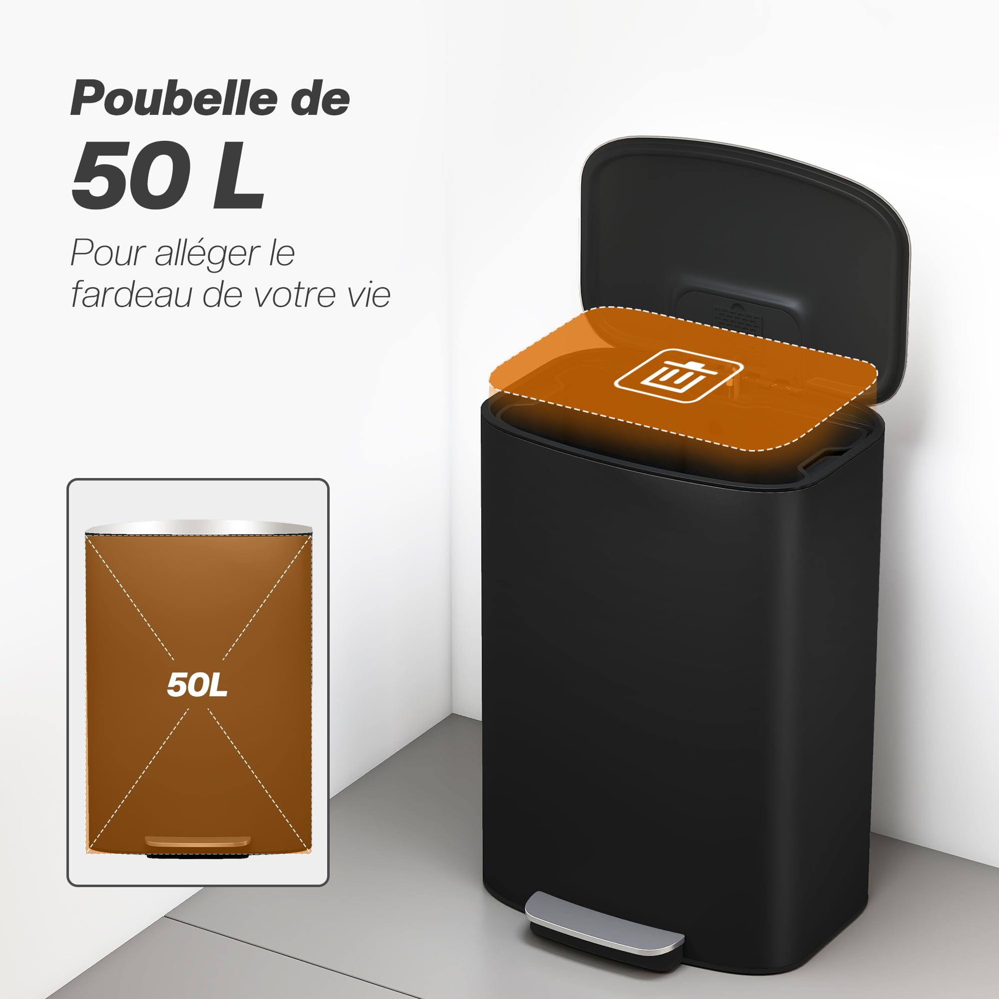 HOMCOM Poubelle Cuisine 50L à Pédale Seau Intérieur Amovible Poignées Noir