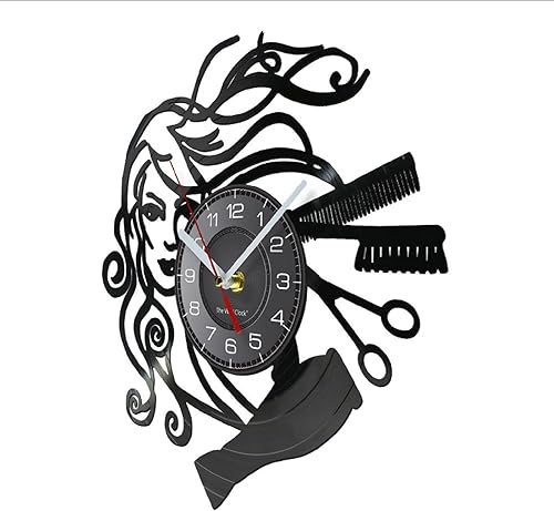 Miniatura 2 de SYNYEY Reloj de pared de disco de vinilo para peluquería de 12 pulgadas, color negro, movimiento de barrido de cuarzo silencioso, fácil de colgar,